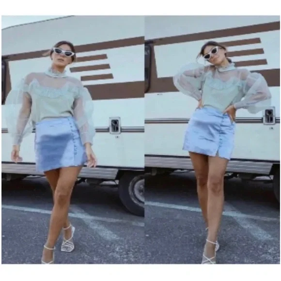 Zara Organza Sheer Ruffle Knit Top in Sea Foam Green Blogger Favorite Size Small - Picture 7 of 16